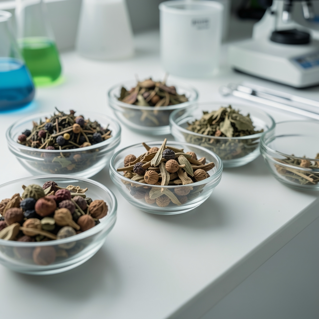 Close-up of dried botanical ingredients measured in small glass bowls on a laboratory bench under controlled studio lighting