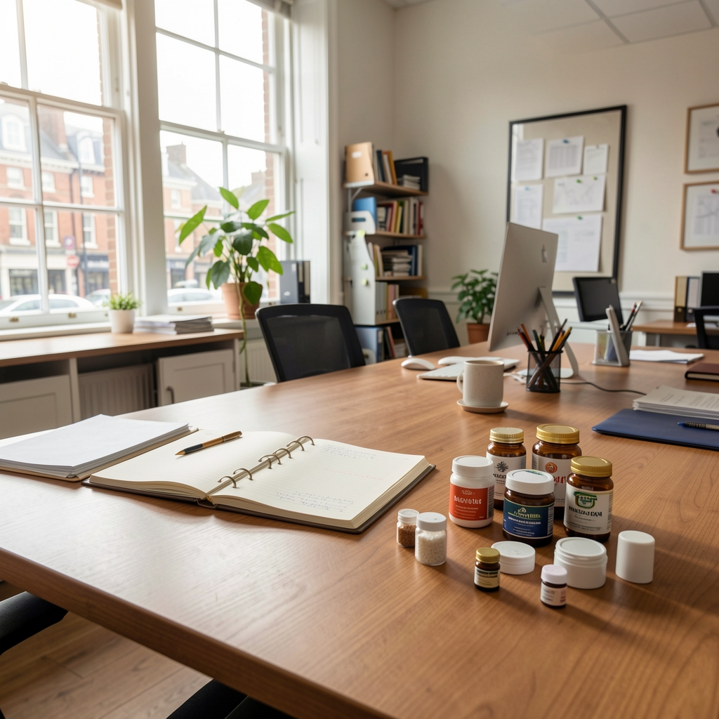 Office interior with natural light, open notebooks, and supplement ingredient samples laid out on a large desk in a London workspace