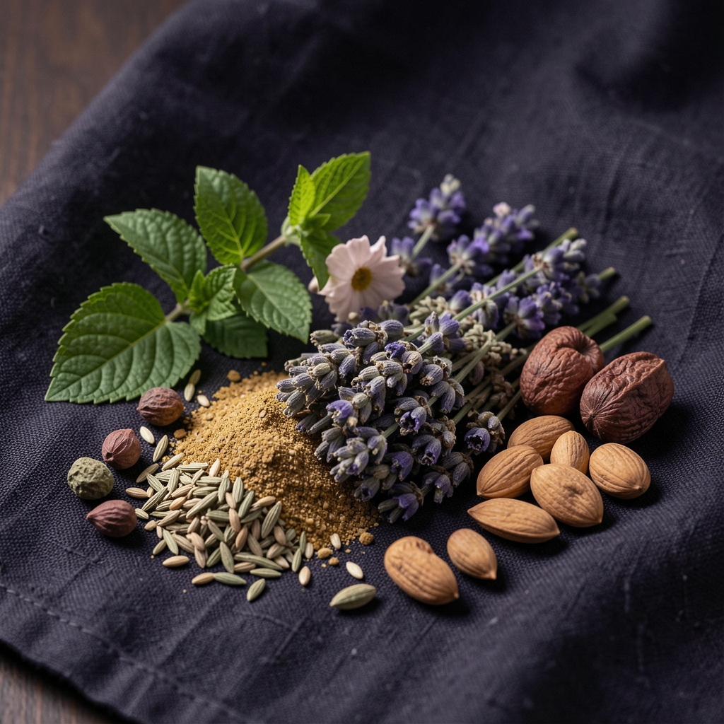 Close-up of naturally sourced botanical supplement ingredients arranged on dark linen with soft studio lighting
