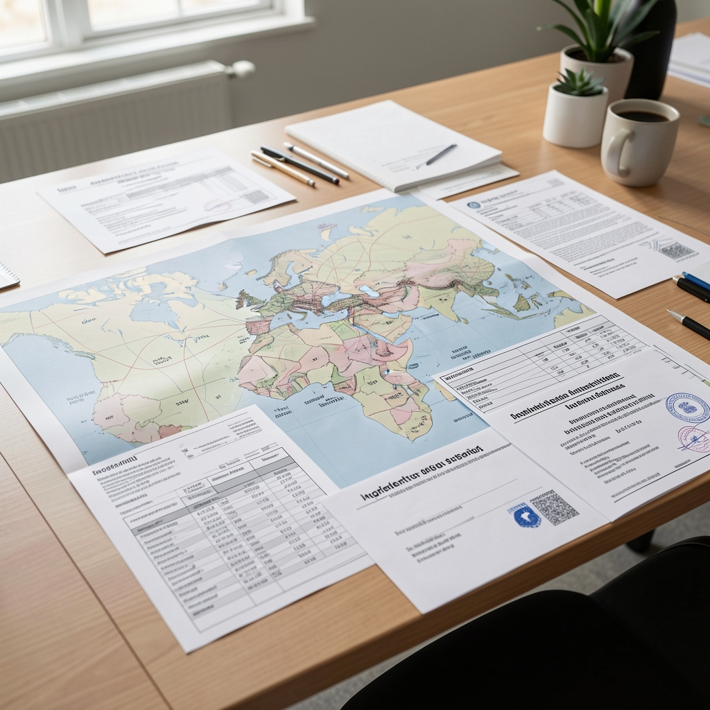 Ingredient sourcing documentation map spread across a large table with supplier lot records and regional origin certificates in a clean workspace