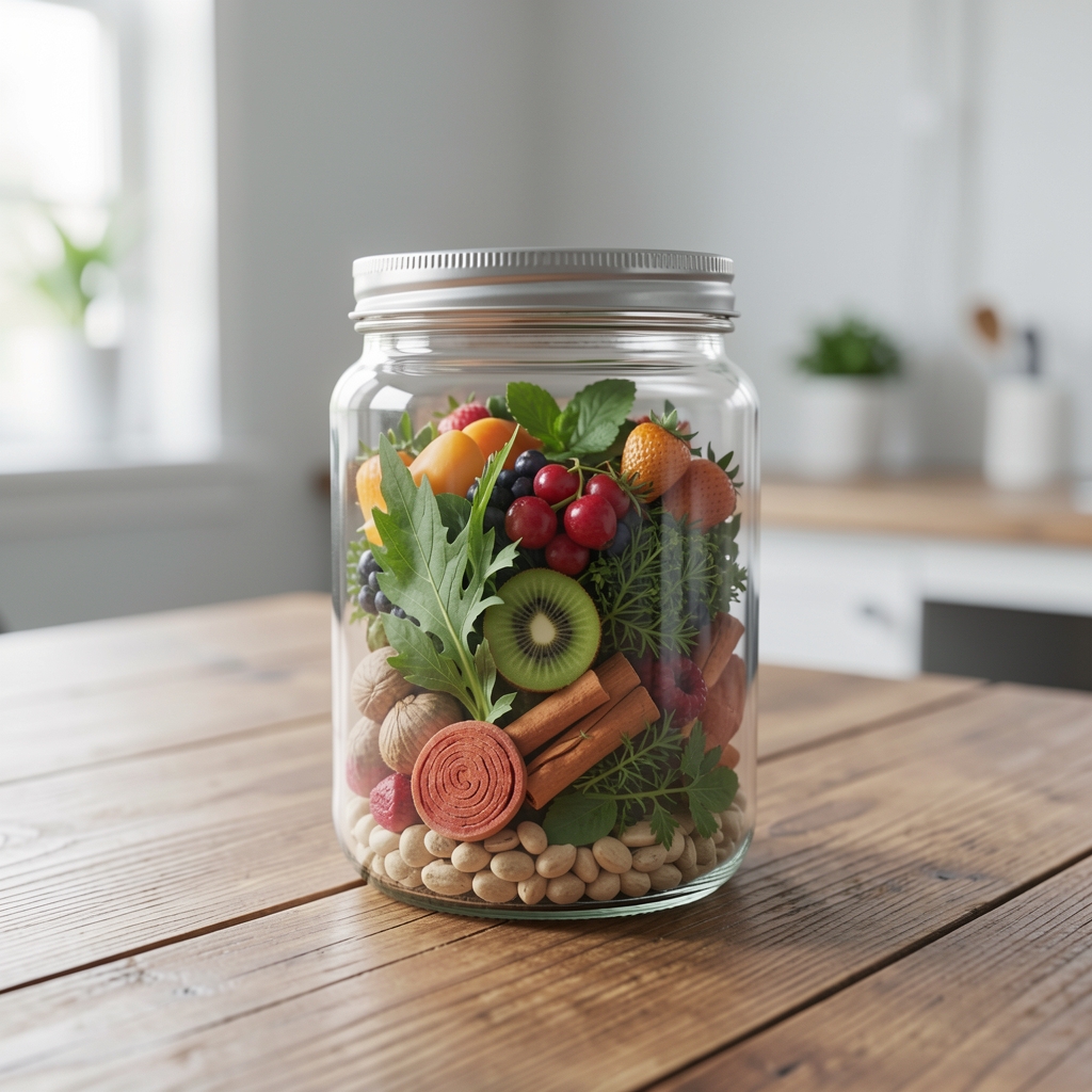 Active lifestyle supplement blend in clear glass jar with botanical ingredients visible, photographed on a wooden table in a clean workspace