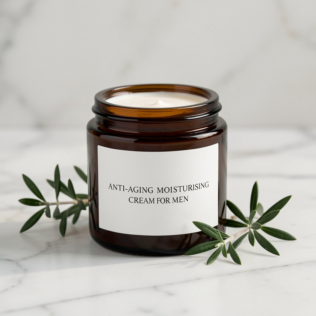 Anti-aging moisturising cream for men in dark glass jar with minimalist label, photographed on marble surface with a single botanical sprig
