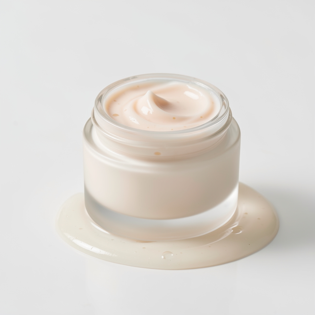 Skin rejuvenation face cream product with visible serum texture on clean white ceramic surface under bright studio lighting