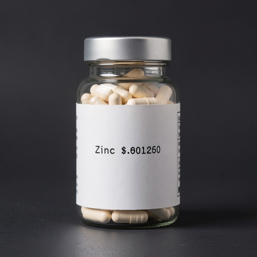 Zinc and selenium capsule supplement bottle with batch code label photographed against dark matte background in a clean workspace