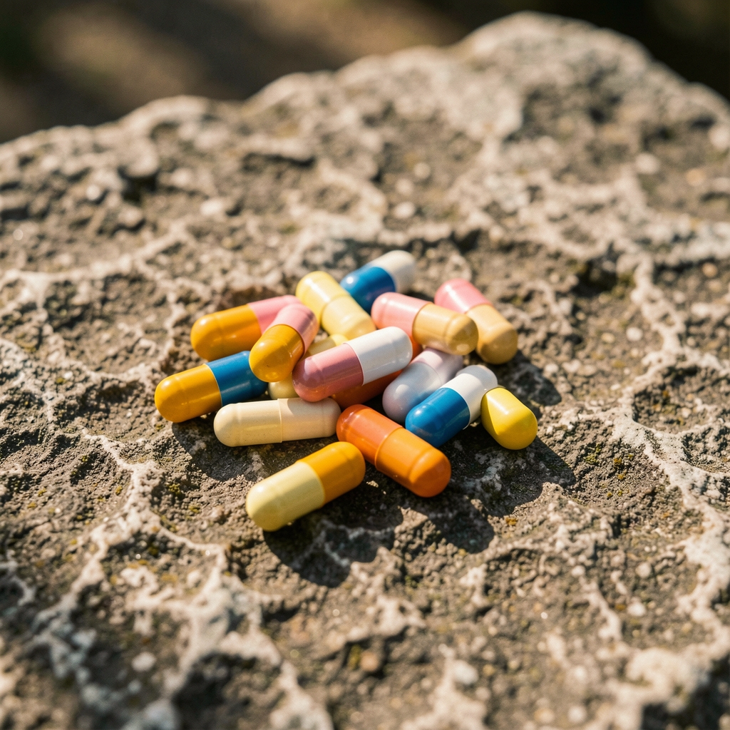 B-vitamin complex supplement capsules spilled onto a rough stone surface with natural light casting soft shadows