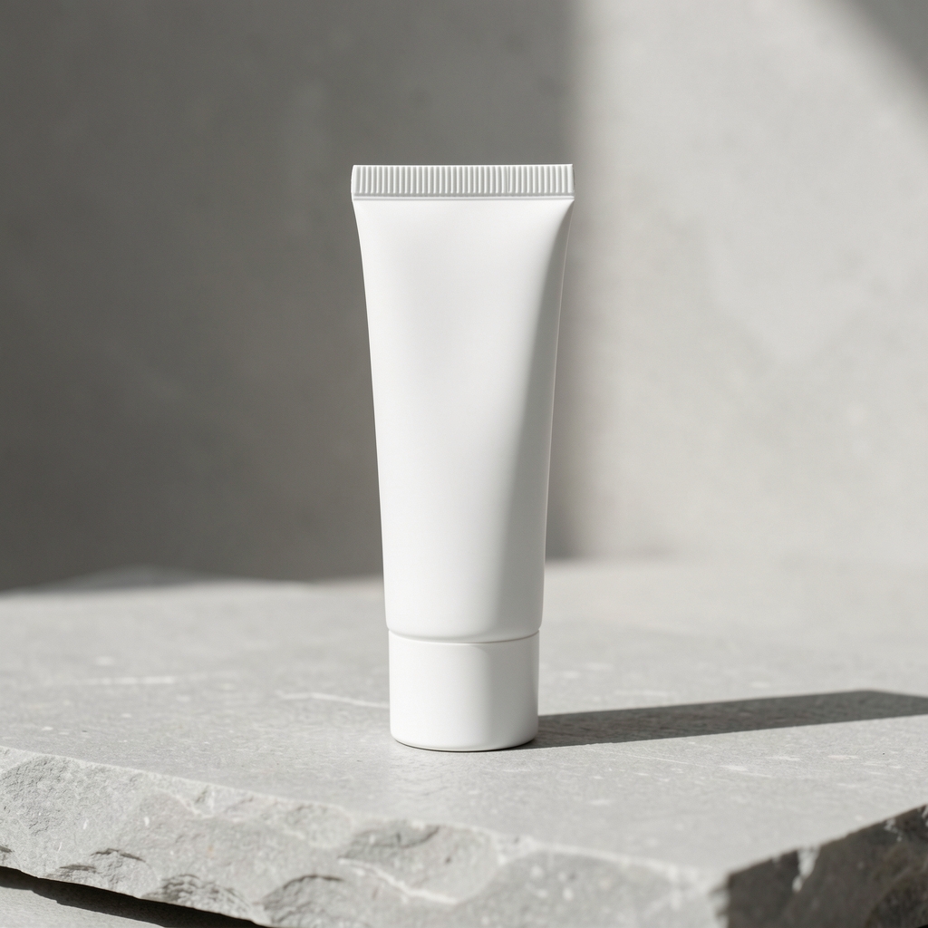 Niacinamide pore-minimising face cream in a minimalist white tube on a light grey stone surface with clean directional lighting